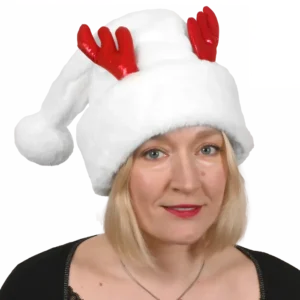 bonnet blanc de Noël avec cornes rouges (scol 12) de la marque NOEL EN FOLIE. Réf. NDQ122.